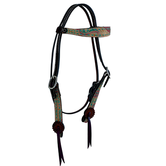 2800- Paisley 1.5" Contour browband with Paisley overlay, buckstitch & slot conchos w/ Latigo strings