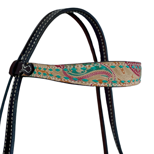 2800- Paisley 1.5" Contour browband with Paisley overlay, buckstitch & slot conchos w/ Latigo strings