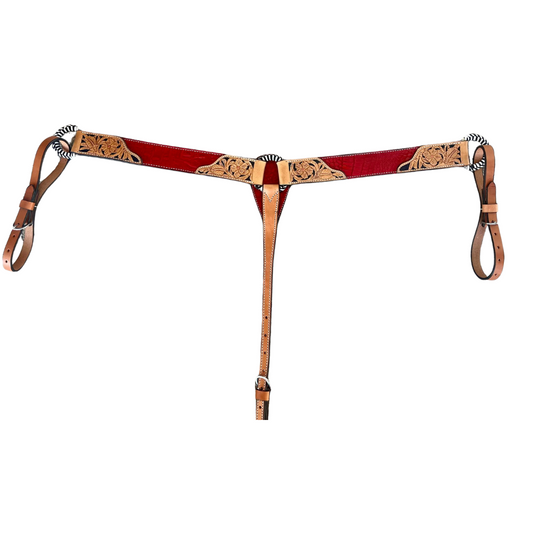 3012-Red Gator 2" Breast collar w/ red gator overlay, floral tool, and hand braided d-rings