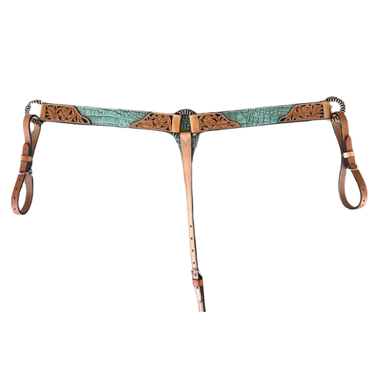 3012-Turquoise Gator 2" Breast collar w/ red gator overlay, floral tool, and hand braided d-rings