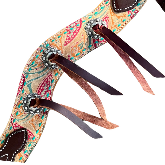 3017-Paisley 2-1/2" Wave breast collar with Paisley overlay, buckstitch & slot conchos w/ Latigo strings