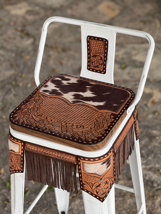 (PRE-ORDER) COW SUEDE INLAY & FRINGE Bar Stools w/ Short Back