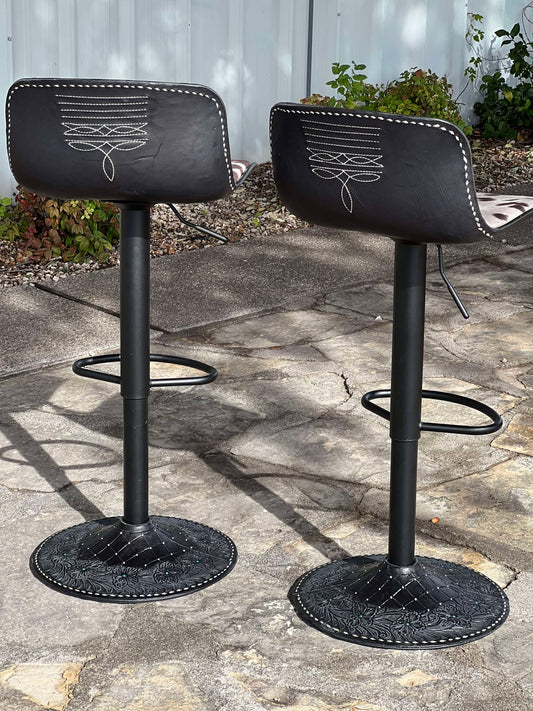 (PRE-ORDER) The Cowboy Saloon Bar Stools IN BLACK w/ Black Cowboy Stitch