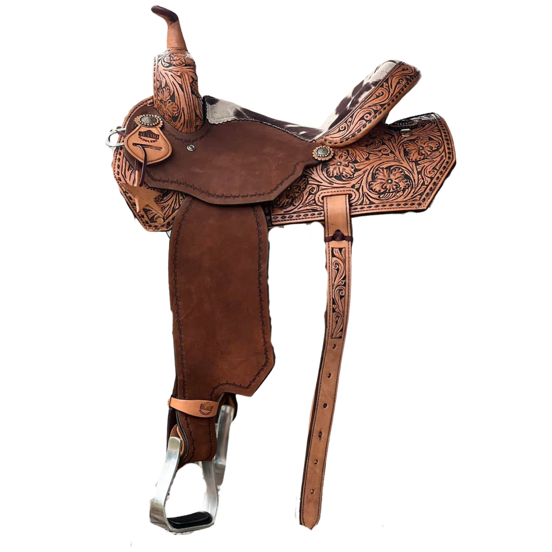 14" El pinto (Two-toned leather w/ Cheyanne roll) Barrel Saddle