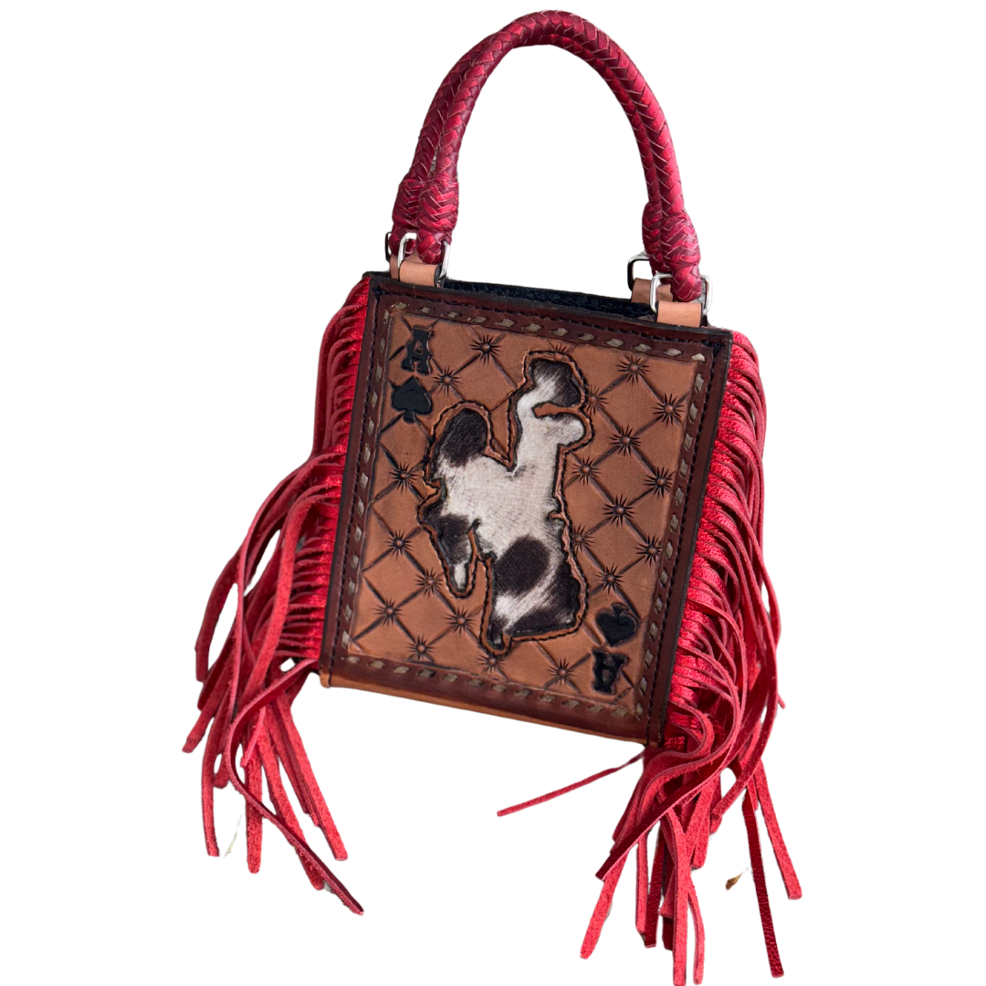 Card Handbag- Red Bronc Rider FRINGE W/ INLAY