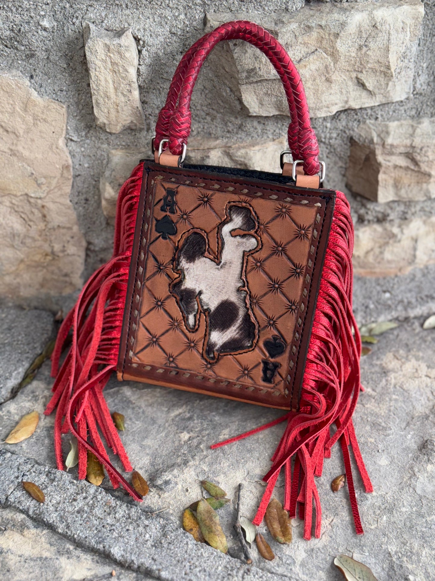 Card Handbag- Red Bronc Rider FRINGE W/ INLAY