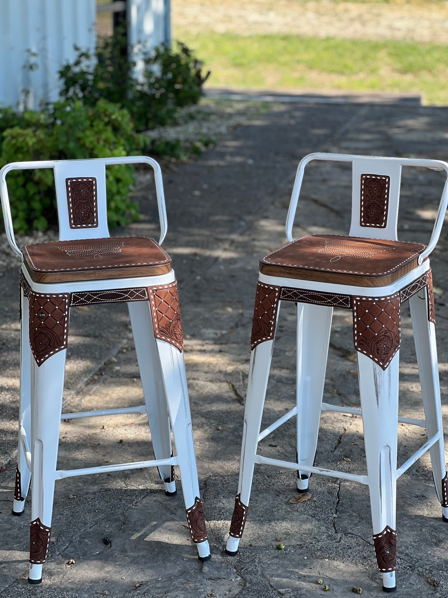 (STOCK) SET OF 2 26" CHOCOLATE Cowboy Stitch Bar Stools on White stools (WITH WHITE STITCH)