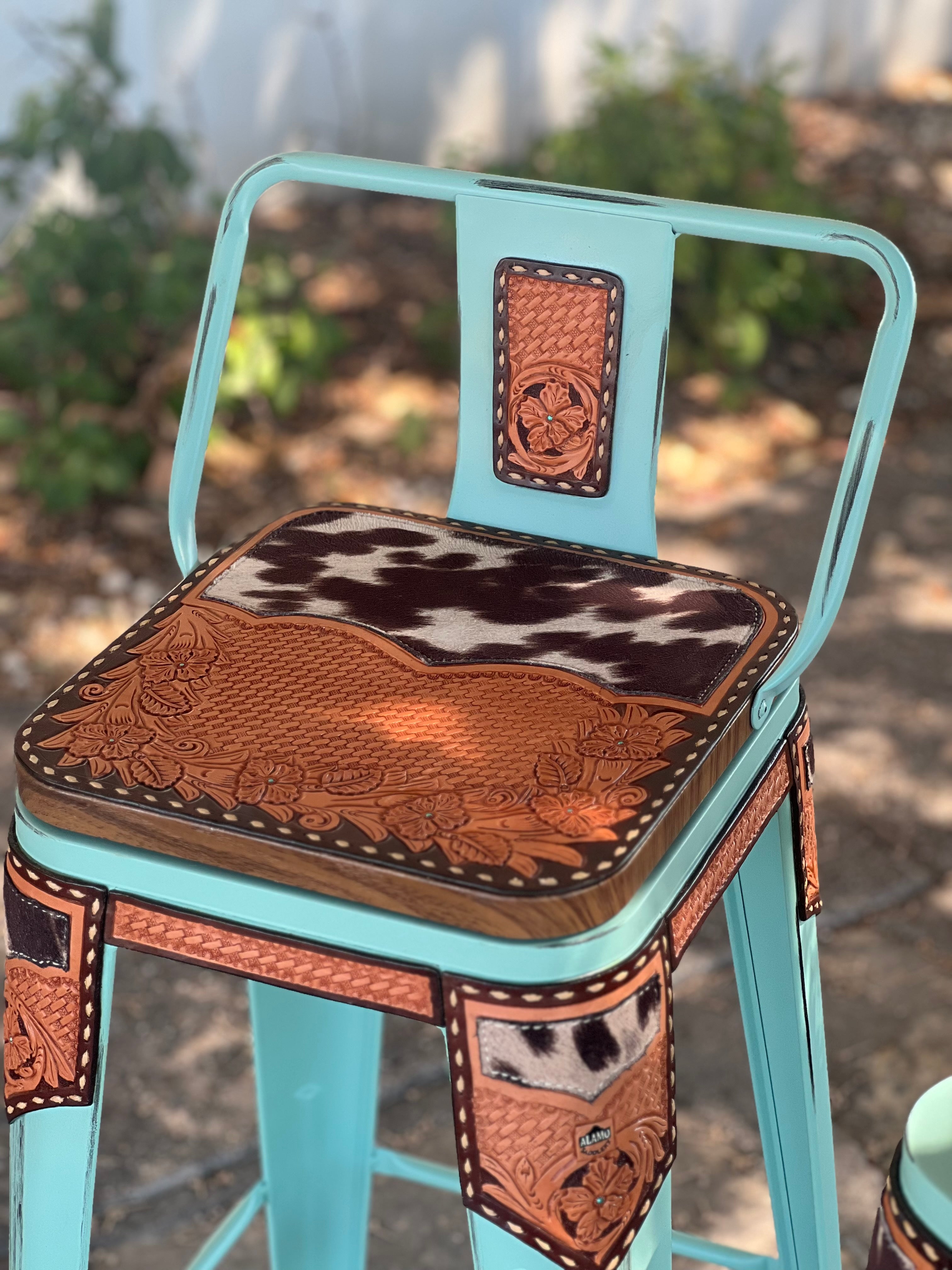 STOCK SET OF 2 TURQUOISE SWIVEL BAR STOOLS WITH COW SUEDE INLAY