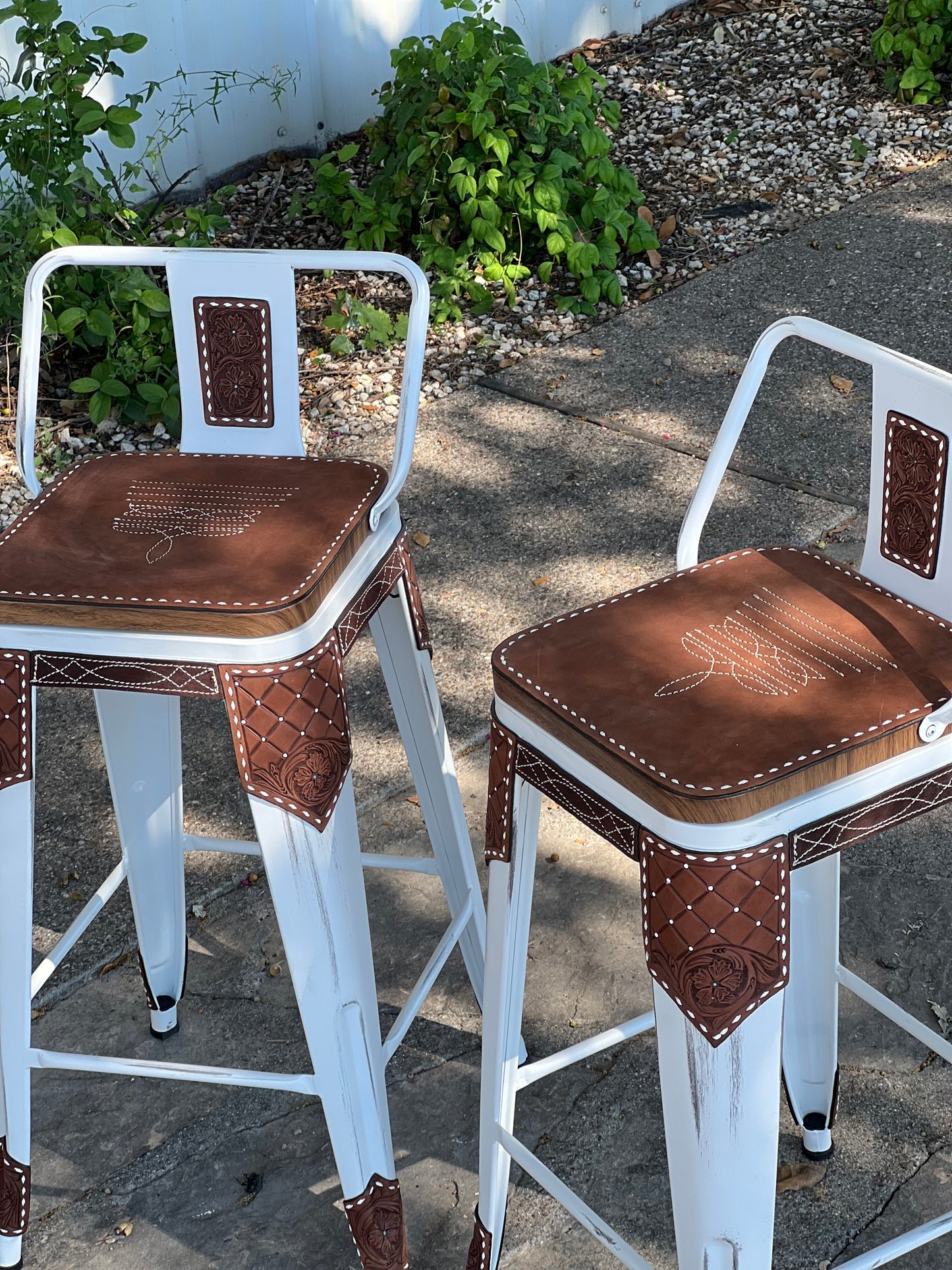 (STOCK) SET OF 2 26" CHOCOLATE Cowboy Stitch Bar Stools on White stools (WITH WHITE STITCH)