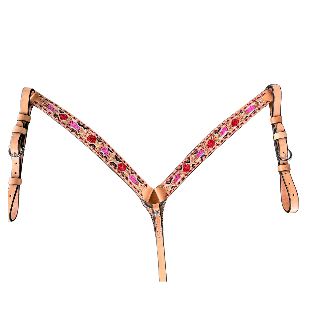 3023- Cheetah Rose 1-3/4" Contour breast collar golden leather floral tooled with background paint & buckstitch