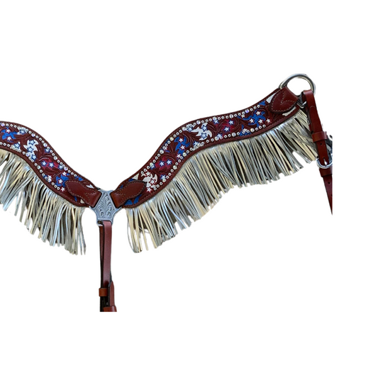 3F17-USAJ 2-1/2" Wave breast collar toast leather combo AA/star tooling with background paint, fringe, crystals, and spots