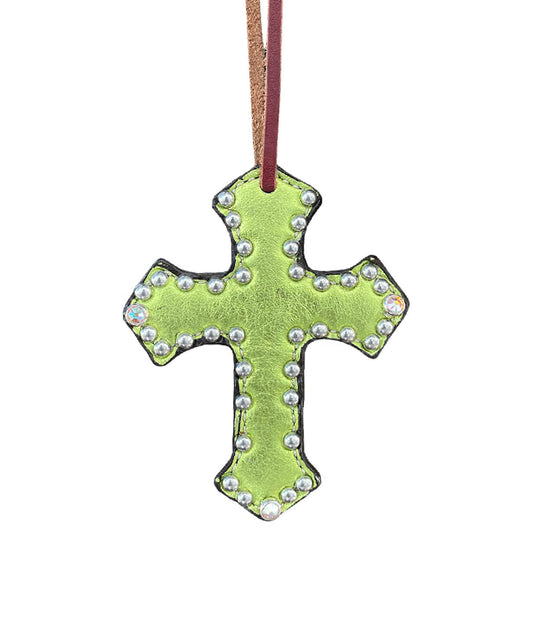 108-JLM Cross lime metallic overlay with crystals and spots