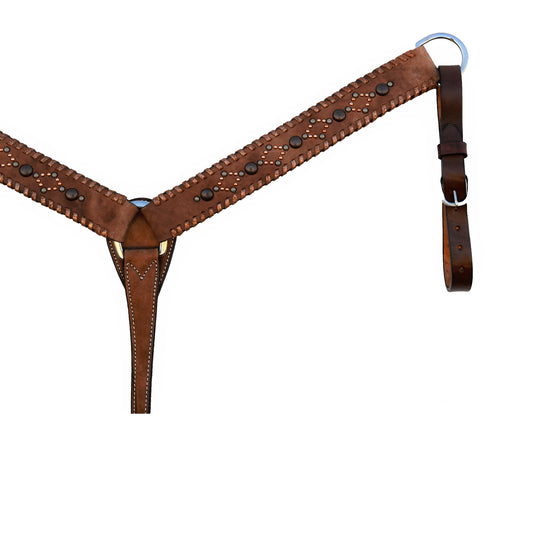 2" Breast collar rough out chocolate leather with copper crackle whip lace and copper antique, copper, and patina spots.